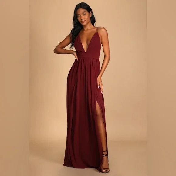 Lulu's NWT- Ballroom Bliss Burgundy Pleated Maxi Dress - Picture 6 of 6